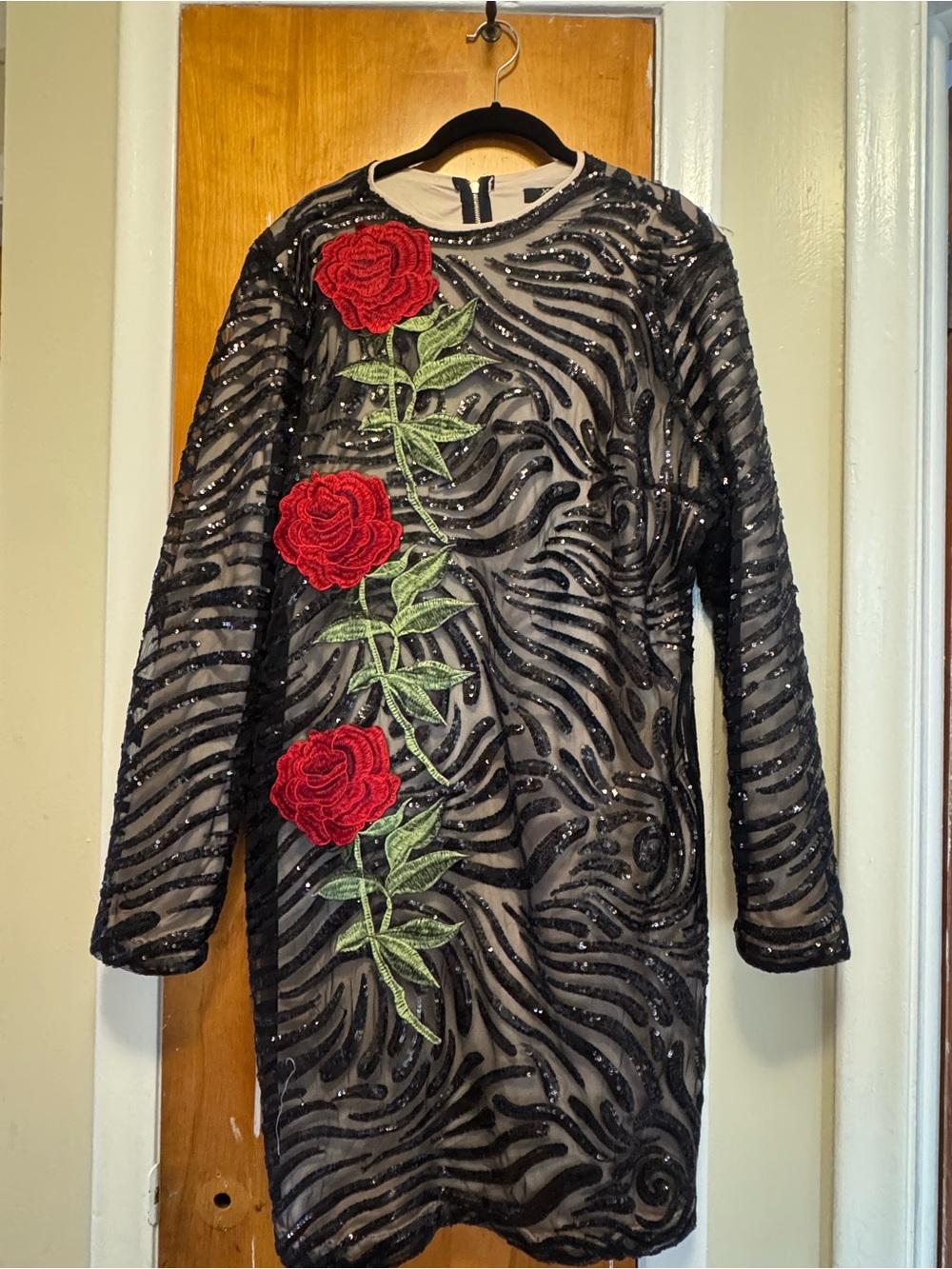 Xtaren Black Sequin Dress with Red Rose Appliqué